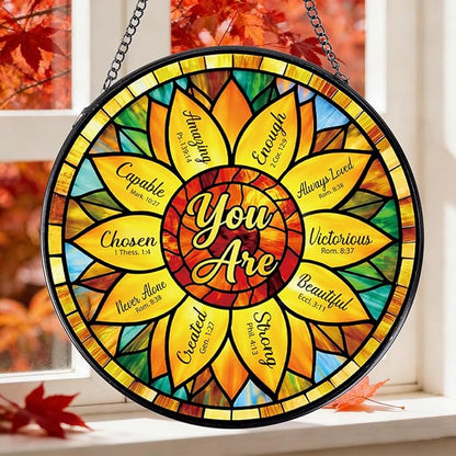 Christian Sunflower Stained Glass Window Hanging, Bible Verse Sun Catcher Gift for Housewarming, Inspirational Religious Suncatchers Gifts for Women Mom Home Decor 8 Inch