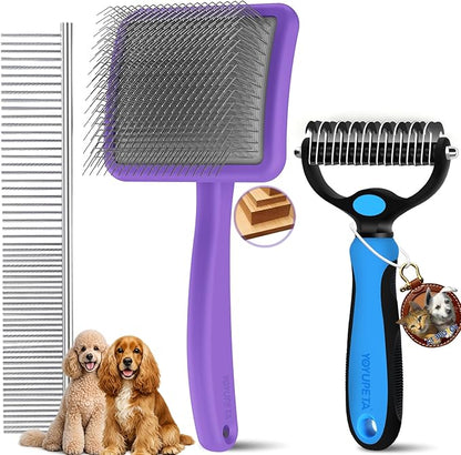 Large Dog Slicker Brush for Goldendoodles, Poodles - 3 in 1 Grooming Kit with Undercoat Rake, Comb - Extra Long Pins for Dematting Great Pyrenees, Thick Coats, Shedding, Detangling, Purple