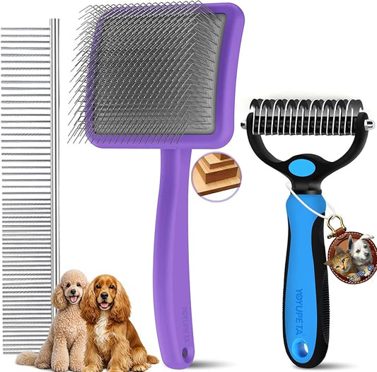 Large Dog Slicker Brush for Goldendoodles, Poodles - 3 in 1 Grooming Kit with Undercoat Rake, Comb - Extra Long Pins for Dematting Great Pyrenees, Thick Coats, Shedding, Detangling, Purple