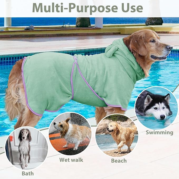 Dog Bathrobe Super Absorbent Towel Robe - Microfiber Bath Towels Fast Drying Coat for Dogs, Cute Dogs Clothes Adjustable Collar & Belly Strap Warm Keeping Hooded Dog Towel (Light Green, X-Large)