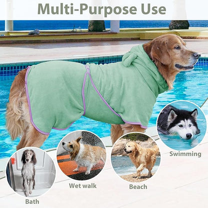 Dog Bathrobe Super Absorbent Towel Robe - Microfiber Bath Towels Fast Drying Coat for Dogs, Cute Dogs Clothes Adjustable Collar & Belly Strap Warm Keeping Hooded Dog Towel (Light Green, X-Large)