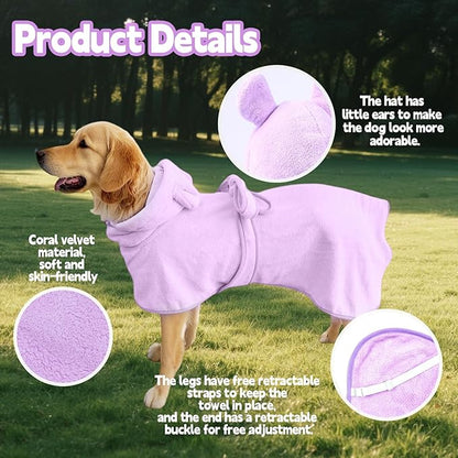 Super Absorbent Dog Bathrobe Pineapple Soft Fast Drying Dogs Towel Robe Adjustable Drying Coat for After Bath with Hood (Coral Velvet Purple, X-Large)