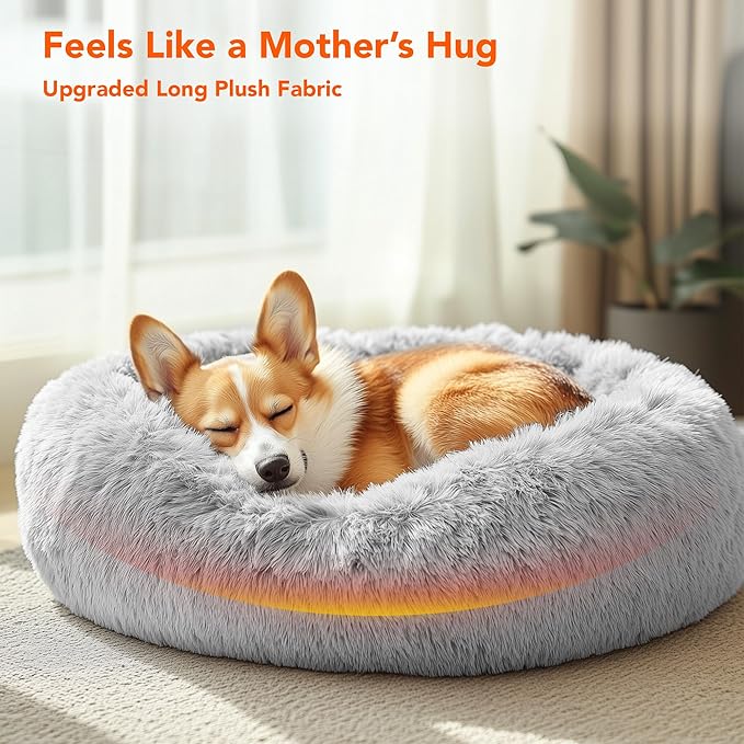 Deconovo Calming Donut Dog Bed, Washable Plush Round Pet Bed for Small Dogs & Cats with Raised Rim, Non-Slip Base and Soft Faux Fur—Lightweight, Easy-Care Design Light Grey 25" L x 25" W x 8" Th
