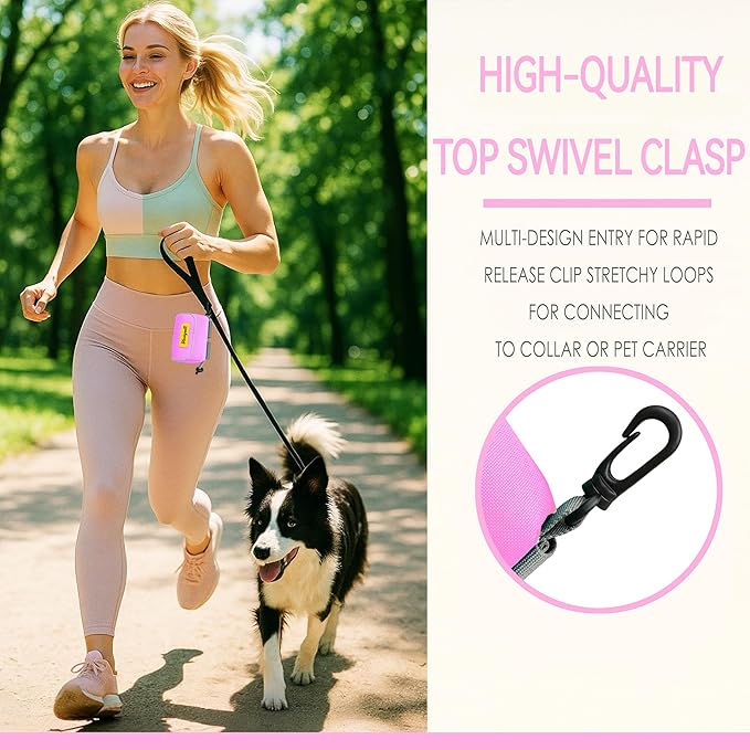 Dog Treat and Poop Bag Holder for Leash, 2 Waterproof Zipper Pouches for Pet Walking Accessories, with Dispenser, Training Clicker and 1 Free Roll (Pink)