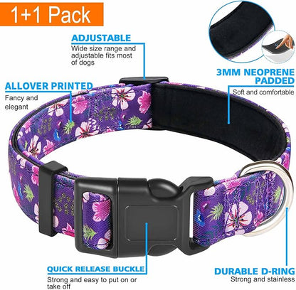 Reflective Dog Collar Padded with Soft Neoprene Breathable Adjustable Nylon Dog Collars for Small Medium Large Dogs (Medium (Pack of 1), Purple/Pink Floral Collar+Leash)