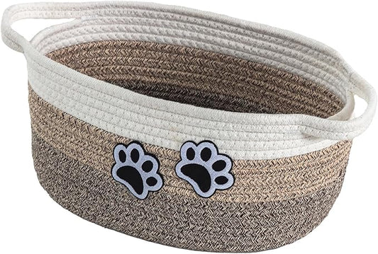 Small Woven Cotton Rope Nursery Organizer Bins, Dog Toy Basket Bins with Handle, Cute Empty Baby Gift Storage Baskets with Paw