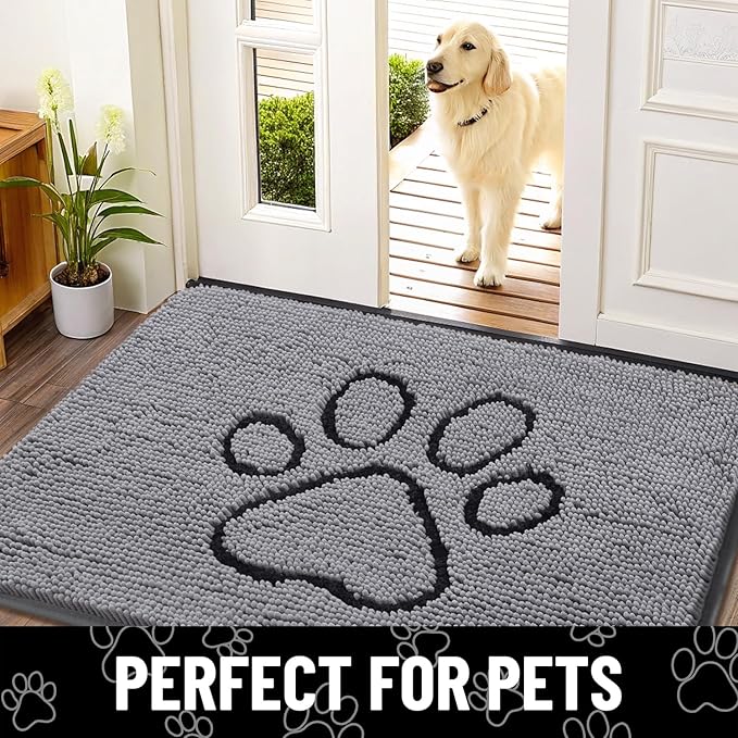 Smiry Dog Door Mat for Muddy Paws, Absorbent Dirt Trapper Non Slip Quick Dry Washable Chenille Mat for Mud Dogs, Entry Rug for Indoor and Outdoor (30x20 Inches, Grey)