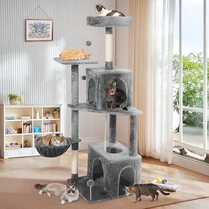 Cat Tree, 54-Inch Cat Tower for Indoor Cats, Soft Plush Multi-Level Climbing Cat Condo with Scratching Posts, Basket, Perches,2 Caves,2 Pompoms Play House for Cat(Gray)