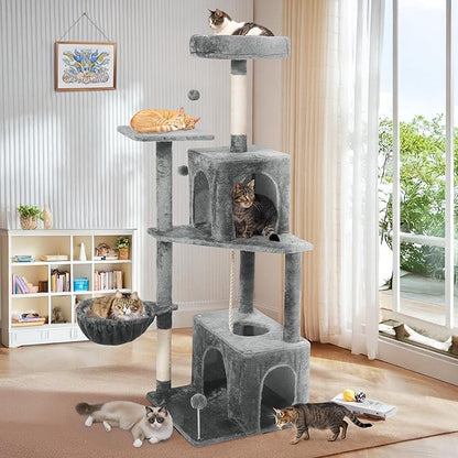 Cat Tree, 54-Inch Cat Tower for Indoor Cats, Soft Plush Multi-Level Climbing Cat Condo with Scratching Posts, Basket, Perches,2 Caves,2 Pompoms Play House for Cat(Gray)