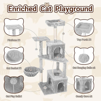 Cat Tree, 54-Inch Cat Tower for Indoor Cats, Soft Plush Multi-Level Climbing Cat Condo with Scratching Posts, Basket, Perches,2 Caves,2 Pompoms Play House for Cat (Light Grey01)