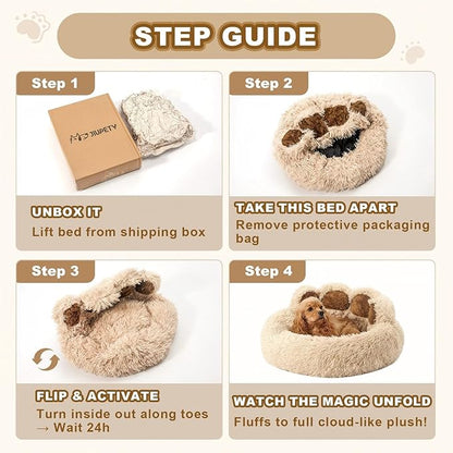 Jiupety Paw Shape Calming Pet Bed, Plush Faux Fur Donut Bed for Dogs & Cats, Machine Washable, Non-Slip Bottom, Medium (22"×22"×6"), Camel