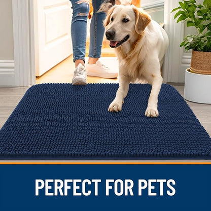 OLANLY Dog Door Mat for Muddy Paws 70x32, Absorbs Moisture and Dirt, Absorbent Non-Slip Washable Doormat, Quick Dry Chenille Mud Mat for Dogs, Entry Indoor Entryway Carpet for Inside Floor, Dark Blue