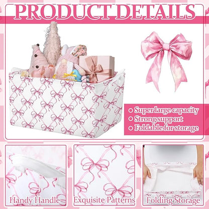 4 Pcs Pink Bow Storage Basket for Gifts Collapsible Girls Coqutte Pink Storage Bins with Handle Cute Preppy Foldable Laundry Organizer for Home Bathroom Bedrooms Baby Clothes Toys Books