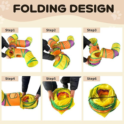 Cat Tunnels for Indoor Cats, Cat Tunnel with Plush Ball, Kitten Tunnel Collapsible, Cat Play Tunnel with Interactive Peephole for Large Cat, Puppy, Kitten (Colorful-4 Way)