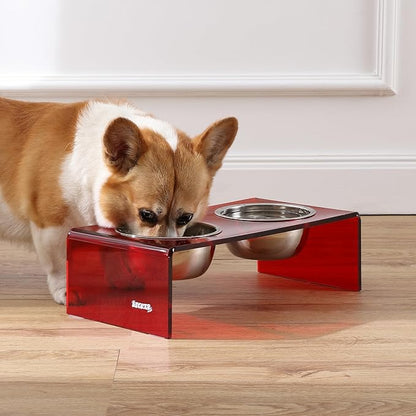 The LICKER Store DBL2000H Keaton 5" Small/Medium Modern Acrylic Rectangular Elevated Pet Feeder with 20oz 2-Stainless Steel Bowls, Red/Chrome