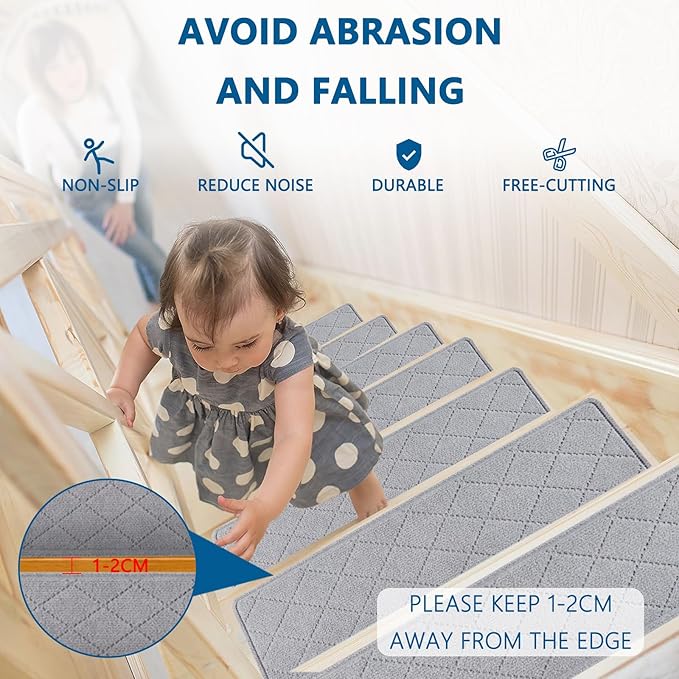 Stair Treads for Wooden Steps Indoor, 15 Pack 8" X 30" Non Slip Carpet Stair Treads with Reusable Adhesive for Kids Elders and Dogs, Surface Polyester TPR Backing Stair Rugs, Grey