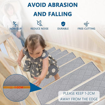 Stair Treads for Wooden Steps Indoor, 15 Pack 8" X 30" Non Slip Carpet Stair Treads with Reusable Adhesive for Kids Elders and Dogs, Surface Polyester TPR Backing Stair Rugs, Grey