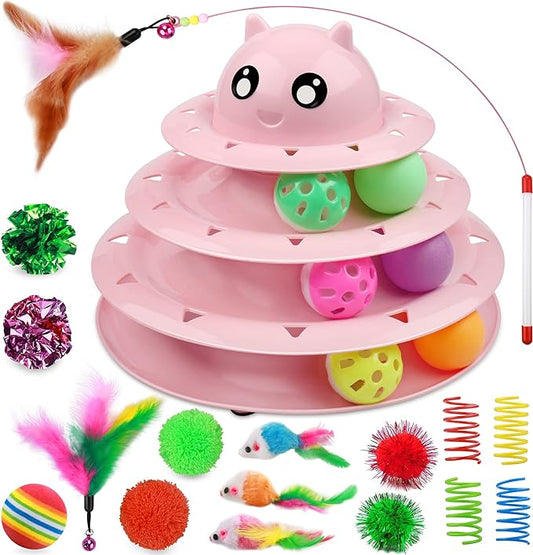 UPSKY 20 PCS Cat Toys - 3-Level Turntable Roller with Balls for Indoor Cats, Kitten Set with Teaser, Mice, Spring, and Various Ball Toys