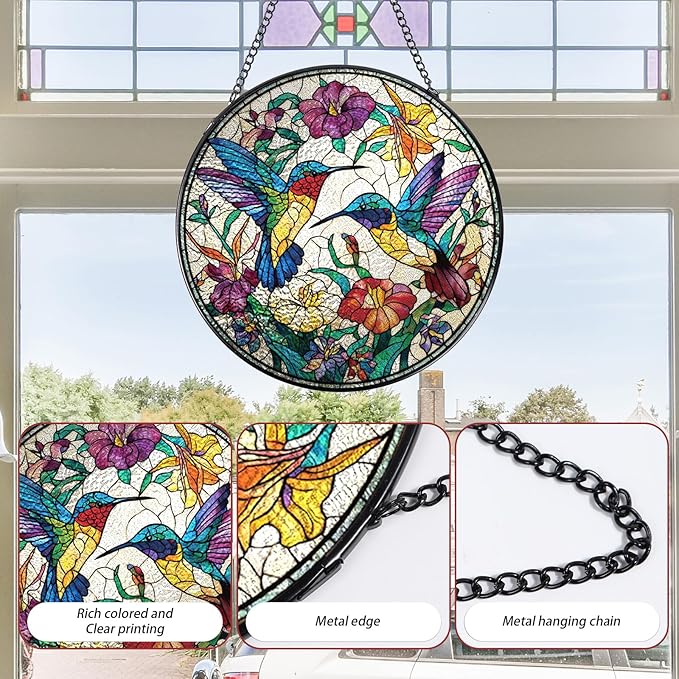 Hummingbird Stained Glass Window Hanging, 7.8″ Sun Catchers with Hook Indoor Window Decor, Decorative Suncatchers Home Garden Art Gift for Bird Lovers Thanksgiving Christmas Housewarming