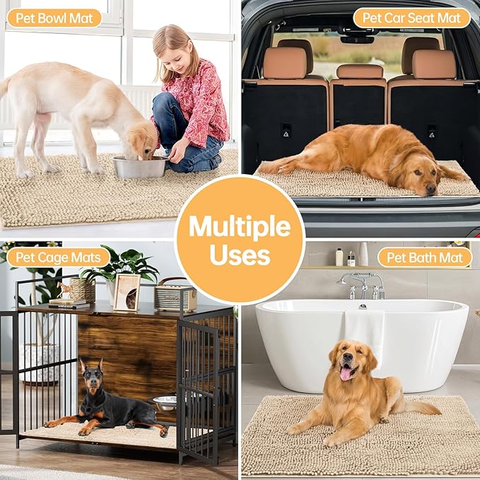Absorbent Dog Door Mat for Muddy Paws, 60" x 24" Chenille Indoor Mats for Entryway, Trap Dirt Front Door Mat Indoor Entrance Washable Non Slip Soft Beige