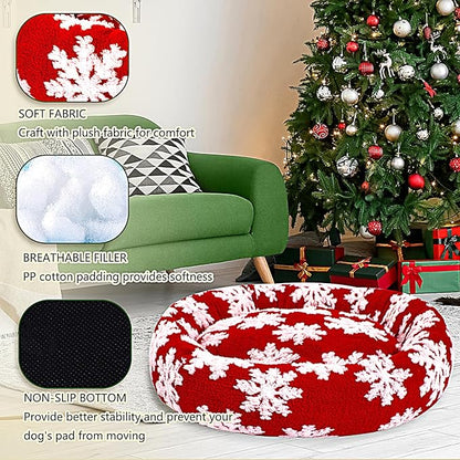 39 Inch Christmas Snowflakes Calming Dog Bed for Large Dogs, Round Anti-Anxiety Warm Bed, Soft Cozy Anti-Slip Donut Washable Pet Bed, Fits up to 100 lbs Pets
