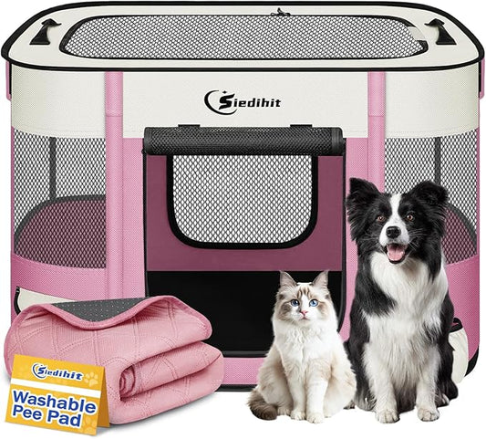 Dog Playpen,Cat Pet Puppy Pen,Portable Playpens for Dogs Indoor Outdoor Travel Camping Use,Foldable Dog Kennel Tent Crate for Rabbit Small Animals with Carrying Case (Pink with Pad, Medium)
