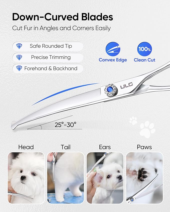 ULG Curved Dog Shears for Grooming, 7 Inch Professional Curved Dog Grooming Scissors for Trimming and Cutting, 440C Stainless Steel Pet Hair Scissors