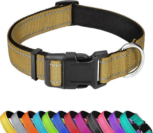 Reflective Dog Collar, Adjustable Soft Neoprene Padded Nylon Pet Collars with Buckle for Small Dogs, Khaki,S