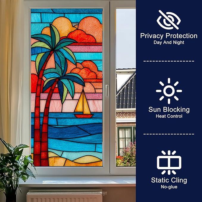 Summer Beach Palm Trees Window Cling 18 x 39 Inch Stained Glass Decorative Privacy Film PVC Sailboat Ocean Sunset Glass Panel Vertical Home Decor