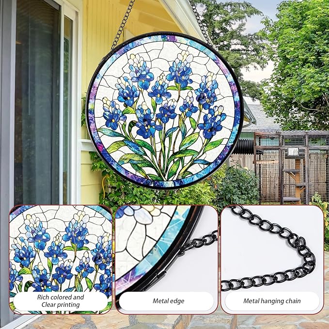 Stained Glass Window Hanging, Forget-Me-Not Sun Catcher Gift for Housewarming, Forget Me Not Suncatchers Gifts for Plant Lover Friends Home Decor 8 Inch