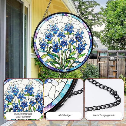 Stained Glass Window Hanging, Forget-Me-Not Sun Catcher Gift for Housewarming, Forget Me Not Suncatchers Gifts for Plant Lover Friends Home Decor 8 Inch