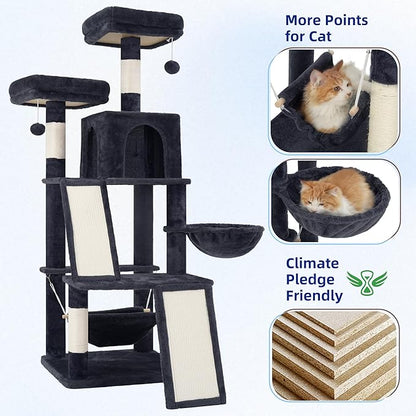 Gitelsnour Multi-Level Cat Tree for Indoor Cats, Cat Tower with 2 Scratching Boards, 2 Plush Padding Platforms, Cat Condo House with Hammock, Basket, Smoky Gray GCT022G