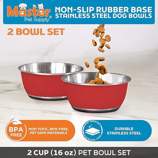 Master Pet Supply Stainless Steel Dog Bowls Set of 2 (16 Oz Each) with Non-Slip Rubber Base - Crimson Flame - Basic Dog Food Bowl Water & Food Bowls for Small Medium Large Dogs & Cats, Metal Dish
