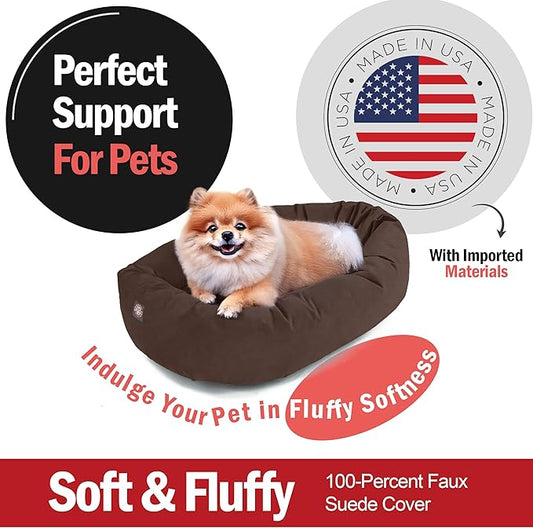 Majestic Pet Suede Shredded Memory Foam Mix Calming Dog Bed Washable - Cozy Soft Round Dog Bed with Spine for Head Support - Fluffy Donut Dog Bed, 24 Inch, Chocolate