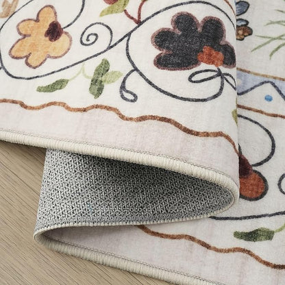 Rugcomf 2'7"x12' Kitchen Runner - Floral Cat Washable Long Hallway Runner Rug Non Slip, Boho Carpet for Entryway, Hall, Bathroom - Beige