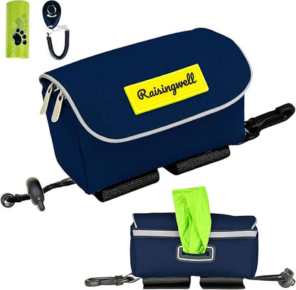 Dog Poop Bag Holder for Leash, 2 Waterproof Zipper Pouches, Dog Treat Pouch for Pet Walking Accessories, with Dispenser, Training Clicker and 1 Free Roll (Blue)