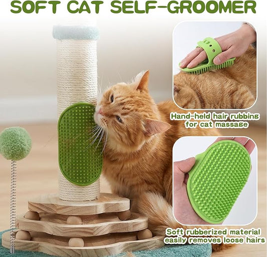 25.6inches Tall Cat Scratching Post, Cute Cat Scratching Post with Interactive Ball Two-Layer Track Spring Ball Toys and Self Groomer for Indoor Cats and Kittens Protect Your Furniture