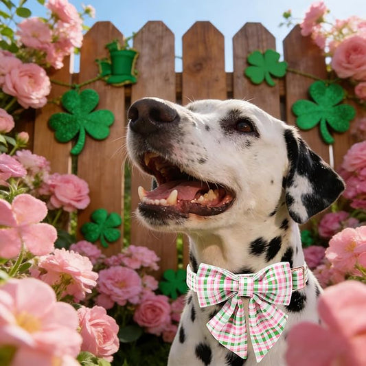 Maca Bates Plaid Dog Collar with Sailor Bow Tie,Cherry Pink Green Gingham Pattern for Medium Girl Boy Dogs,Adjustable Durable Soft Collars Irish Gift for Male Female Puppy