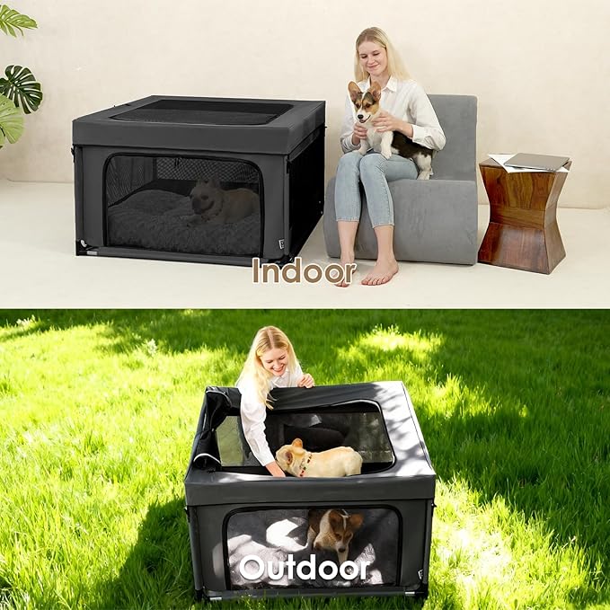 EHEYCIGA 42x42x26 Inches Puppy Playpen with Top Cover for Dogs & Cats Indoor or Outdoor - Dog Playpen with Door, Dog Fence for Small Animal with Heavy-Duty Oxford & Steel Frame, Dark Grey