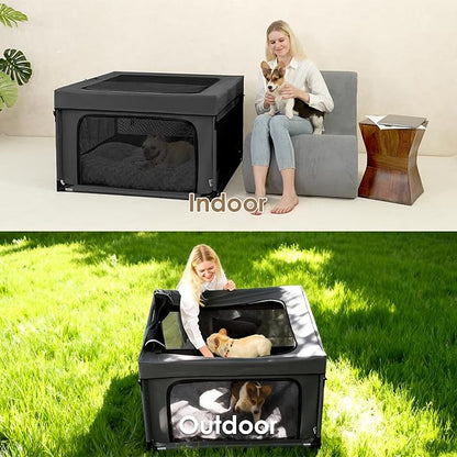 EHEYCIGA 42x42x26 Inches Puppy Playpen with Top Cover for Dogs & Cats Indoor or Outdoor - Dog Playpen with Door, Dog Fence for Small Animal with Heavy-Duty Oxford & Steel Frame, Dark Grey