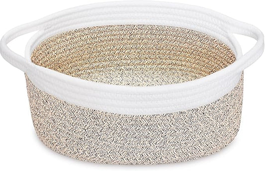 ABenkle Small Woven Basket, 12" x 8" x 5" - Cute Storage Basket with Handles for Room, Cat & Dog Toys, Gift Box