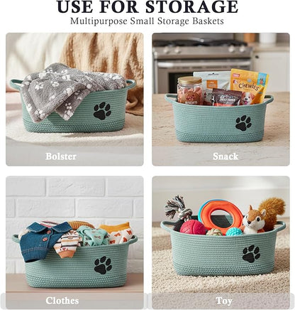 Set of 2 Woven Dog Toys Basket,Green Baskets for Dog Cat Toy,100% Cotton Rope Pet Toy Bin with Handles,Puppy Bed,Dog Storage Organizer for Toys,Collar,Leash,Nursing Supplies