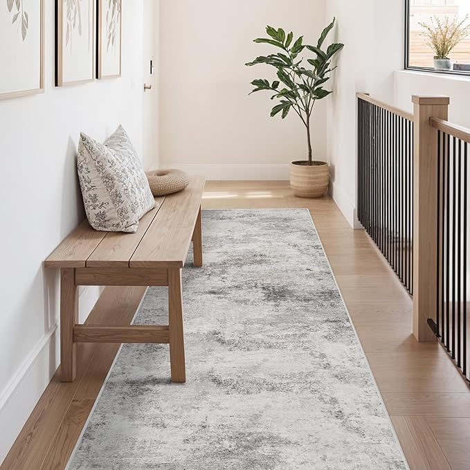 Carpet Runners for Hallway 8ft: Washable Non-Slip Abstract Rugs for Kitchen Entryway Bedroom - Soft Stain Resistant Easy Clean Mat for Family with Pets 2.6x8 Grey