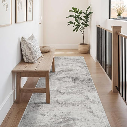 Carpet Runners for Hallway 8ft: Washable Non-Slip Abstract Rugs for Kitchen Entryway Bedroom - Soft Stain Resistant Easy Clean Mat for Family with Pets 2.6x8 Grey