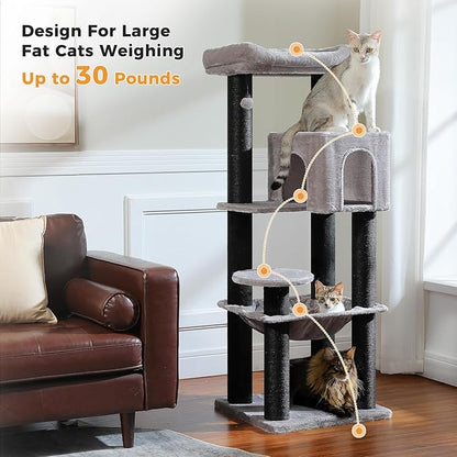 MUTTROS Large Cat Tree with Reinforced Scratching Posts (φ3.7in) for Big Adult Cats 30 lbs, 57.8" Heavy Duty Cat Tower with Larger Hammock and Condo, Cat Furniture for Maine Coon, Plush,Black