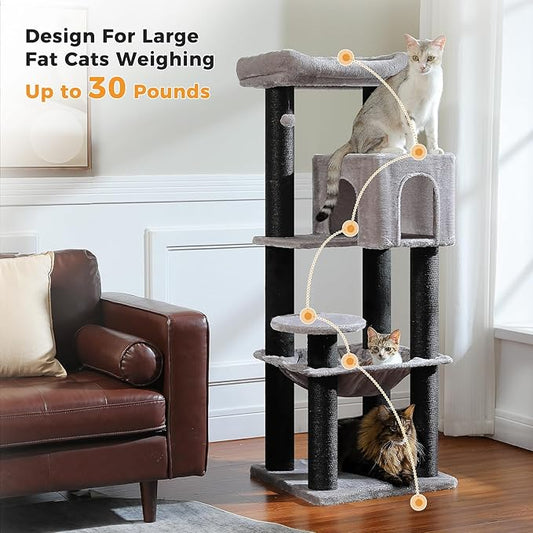MUTTROS Large Cat Tree with Reinforced Scratching Posts (φ3.7in) for Big Adult Cats 30 lbs, 57.8" Heavy Duty Cat Tower with Larger Hammock and Condo, Cat Furniture for Maine Coon, Plush,Black