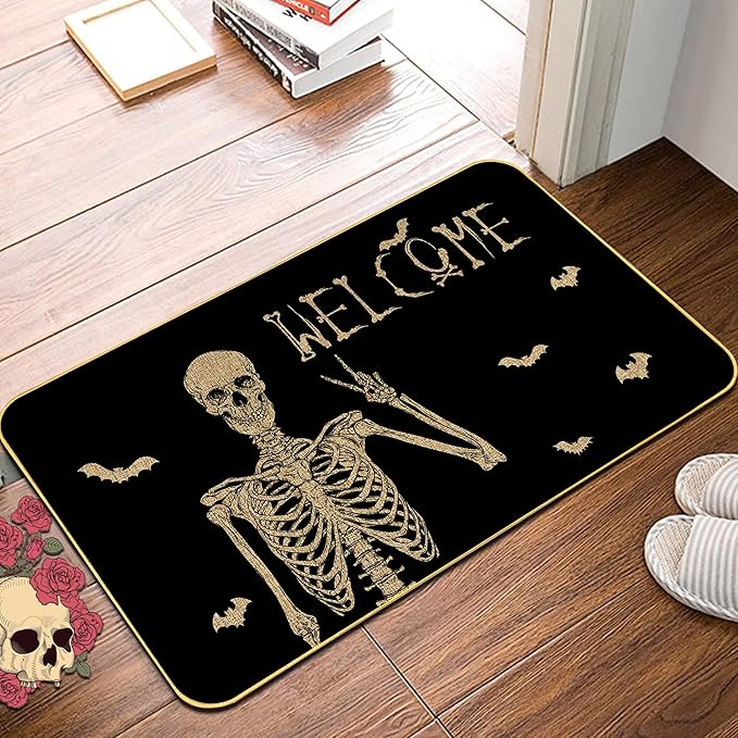 Halloween Skull Doormat - Funny and Spooky Welcome Mat, Low-Profile Non-Slip Entr Door mat Living Room Kitchen Floor Mat Home Halloween Indoor Outdoor Decoration - 17" x 29"