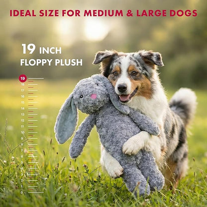 Pet Lou Floppy Rabbit Stuffingless Plush Dog Toy with Squeaker and Crinkle Paper, Dog Chew Toys, 19 Inch Durable Dog Toys for Medium and Large Dogs, Gray