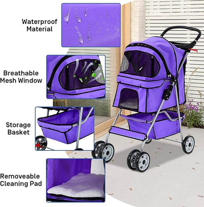 Best 4 Wheels Dog Cat Stroller, Lightweight & Foldable Pet Jogger, Carrier Strolling Cart W/Cup Holders Removable Liner - Purple