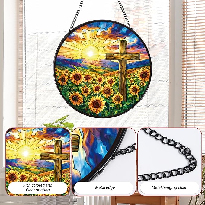 Stained Glass Window Hanging Cross, 8 Inch Sun Catcher Christian Cross and Sunflower Gift, Religious Easter Faith Christian Gifts for Wall Art Hanging Decorations